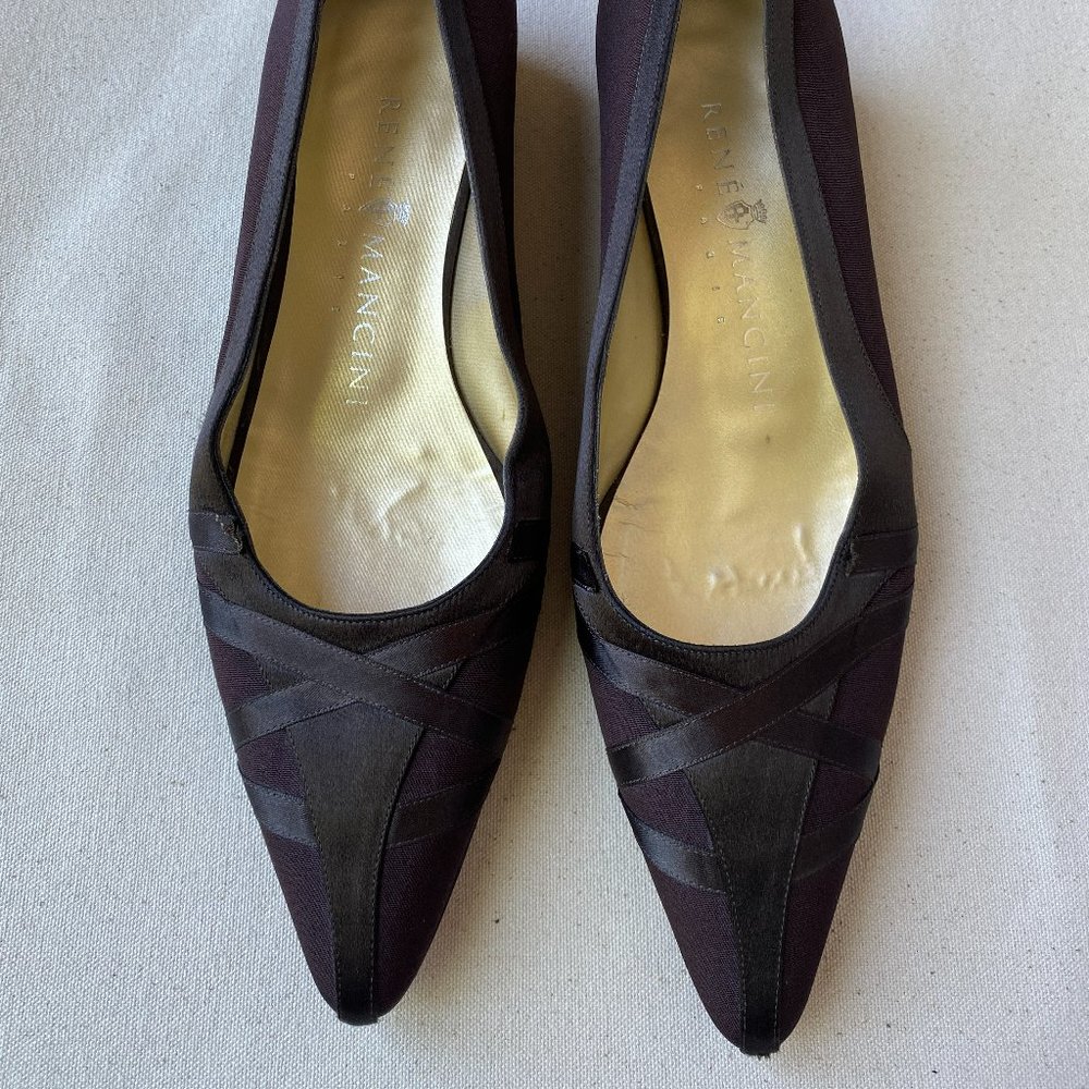 Rene Mancini Peau de Soie Pointed Toe Flats with Ribbon Decoration, Size 37